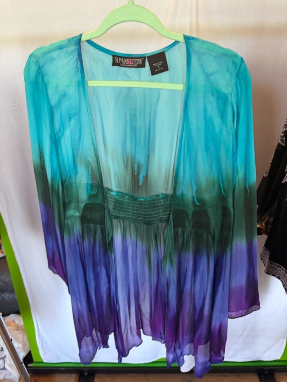 The Pyramid Collection Ombre Tie Dye Sheer Smocked Duster Kimono Cardigan S